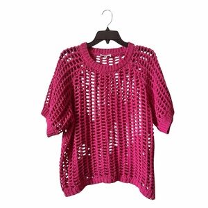 Grace & Lace Open Knit Pink Short Sleeve Pullover Women's Size M Crochet Sweater